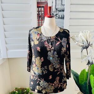 JM Collection Black Floral Textured Blouse with Gold and Blue Accents